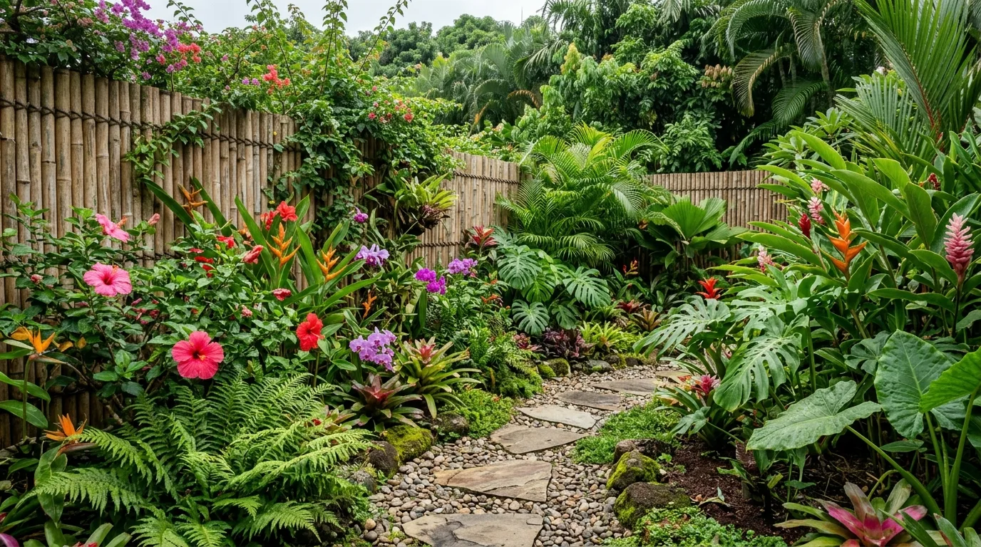 Tropical-Inspired Garden With Bamboo Fencing